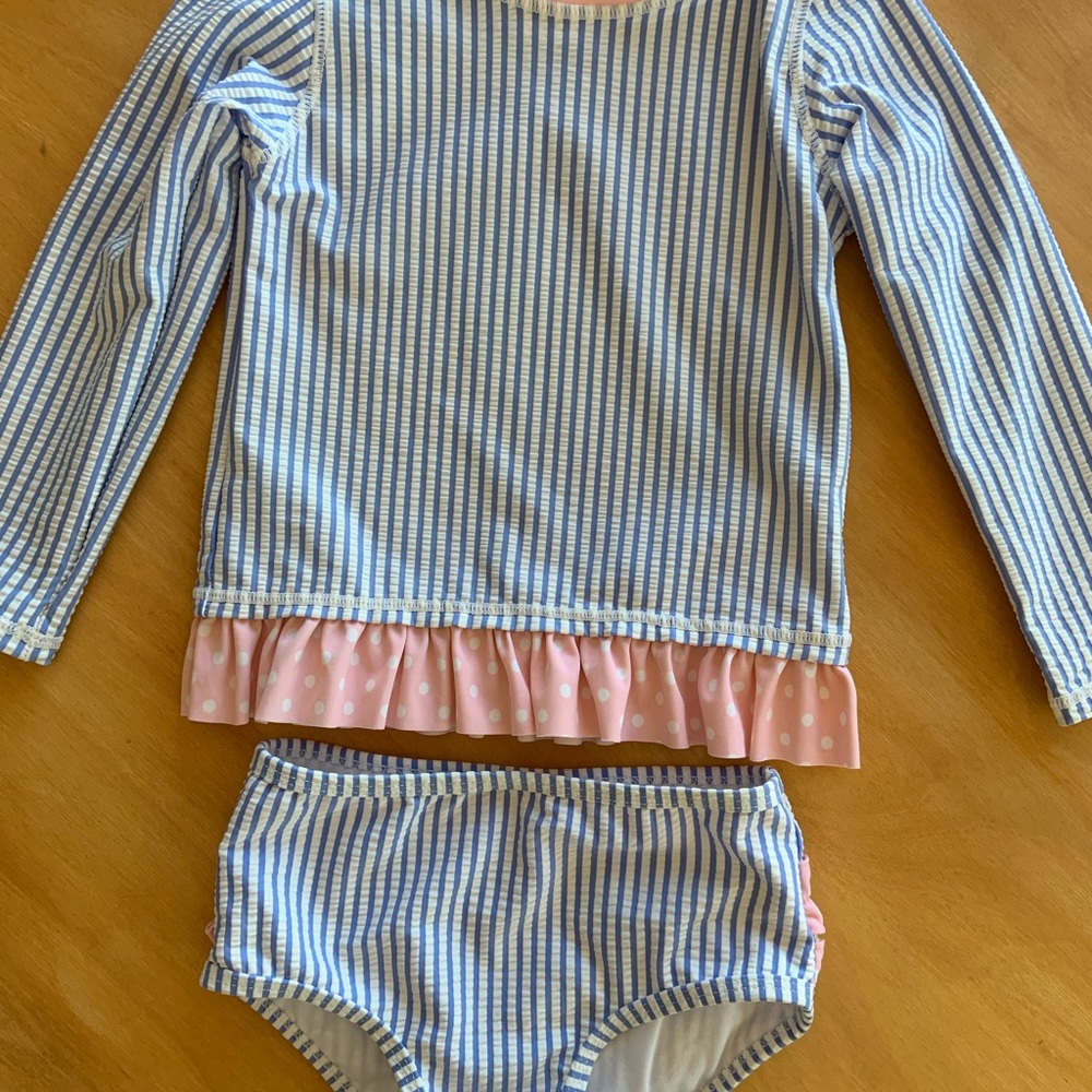 Ruffle Butts Blue & White Striped Two-Piece Swim Set with Pink Ruffle Trim